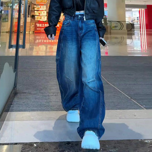 今年流行爆款2026春季新款加绒高腰大口袋宽松阔腿工装弯刀牛仔裤