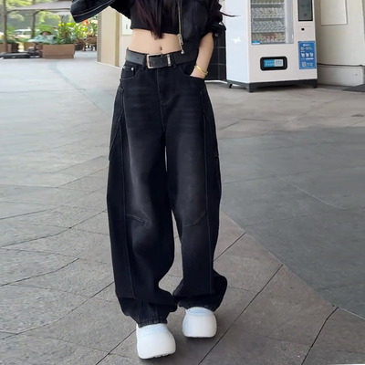 加绒加厚2025冬新款今年流行爆款高腰宽松直筒洗水弯刀阔腿牛仔裤