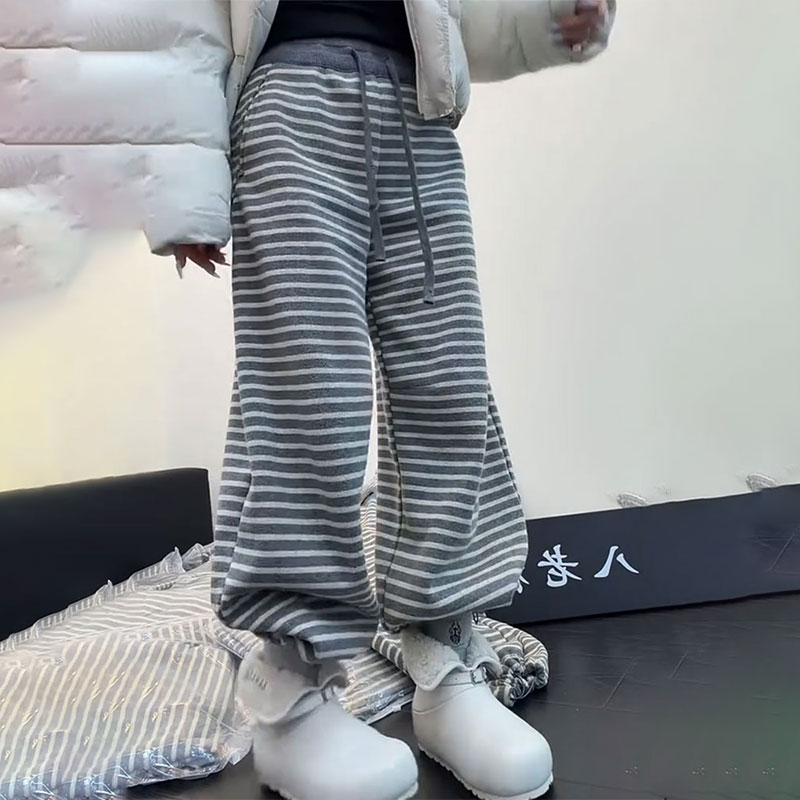 加绒加厚2025冬季新款今年流行爆款高腰宽松直筒阔腿条纹休闲裤子