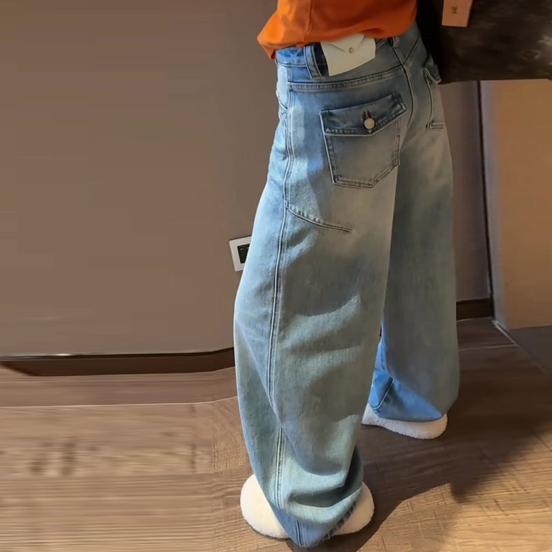 美式复古2026春新款梨形身材高腰宽松洗水翻盖口袋弯刀阔腿牛仔裤,女装/女士精品,牛仔裤,淘宝优惠券,粉丝福利购,淘宝优惠卷