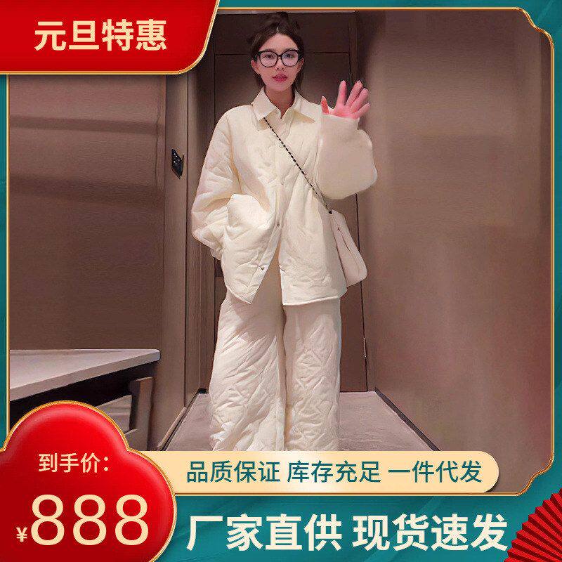 奶油风加绒加厚运动套装新款秋冬韩版大码宽松翻领棉服两件套女装