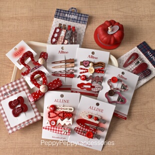 红色新年发夹套装女2026甜美韩格纹蝴蝶结侧边抓夹碎发刘海夹发饰