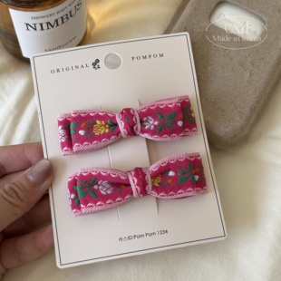 韩国进口pompom女童发饰华丽刺绣蝴蝶结边夹布艺对夹复古双层发夹