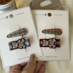韩国进口pompom女童对夹小熊格纹发夹秋经典格子水滴捏夹刺绣边夹