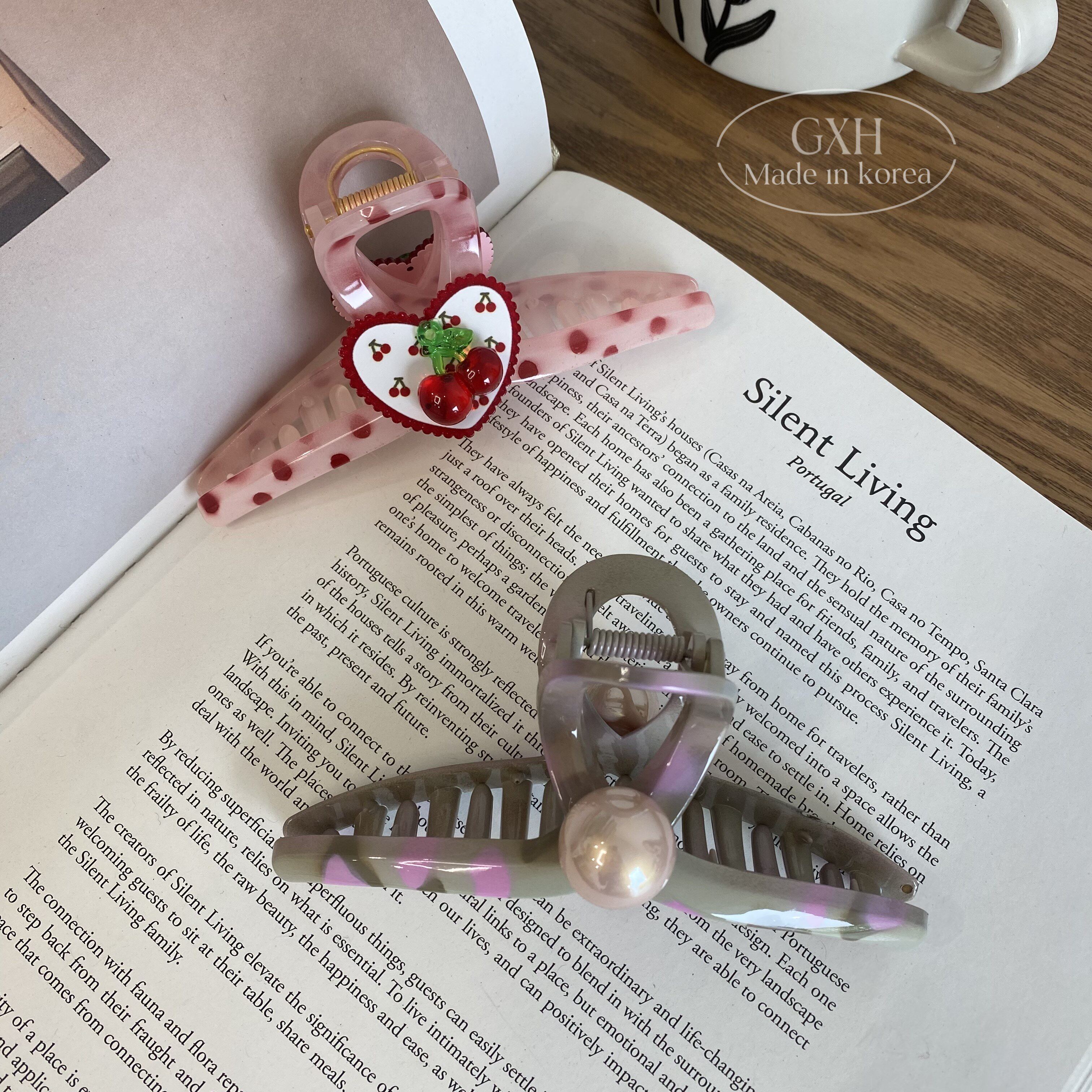 包邮韩国进口奶系樱桃鲨鱼夹彩绘春季盘发夹女人鱼姬球球抓夹发卡