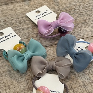 韩国进口pompom女童发绳晕染球球皮筋网纱蝴蝶结发圈纯色简约饰品