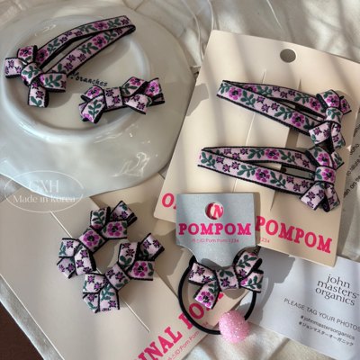 韩国POM清新粉紫刺绣蝴蝶结发饰