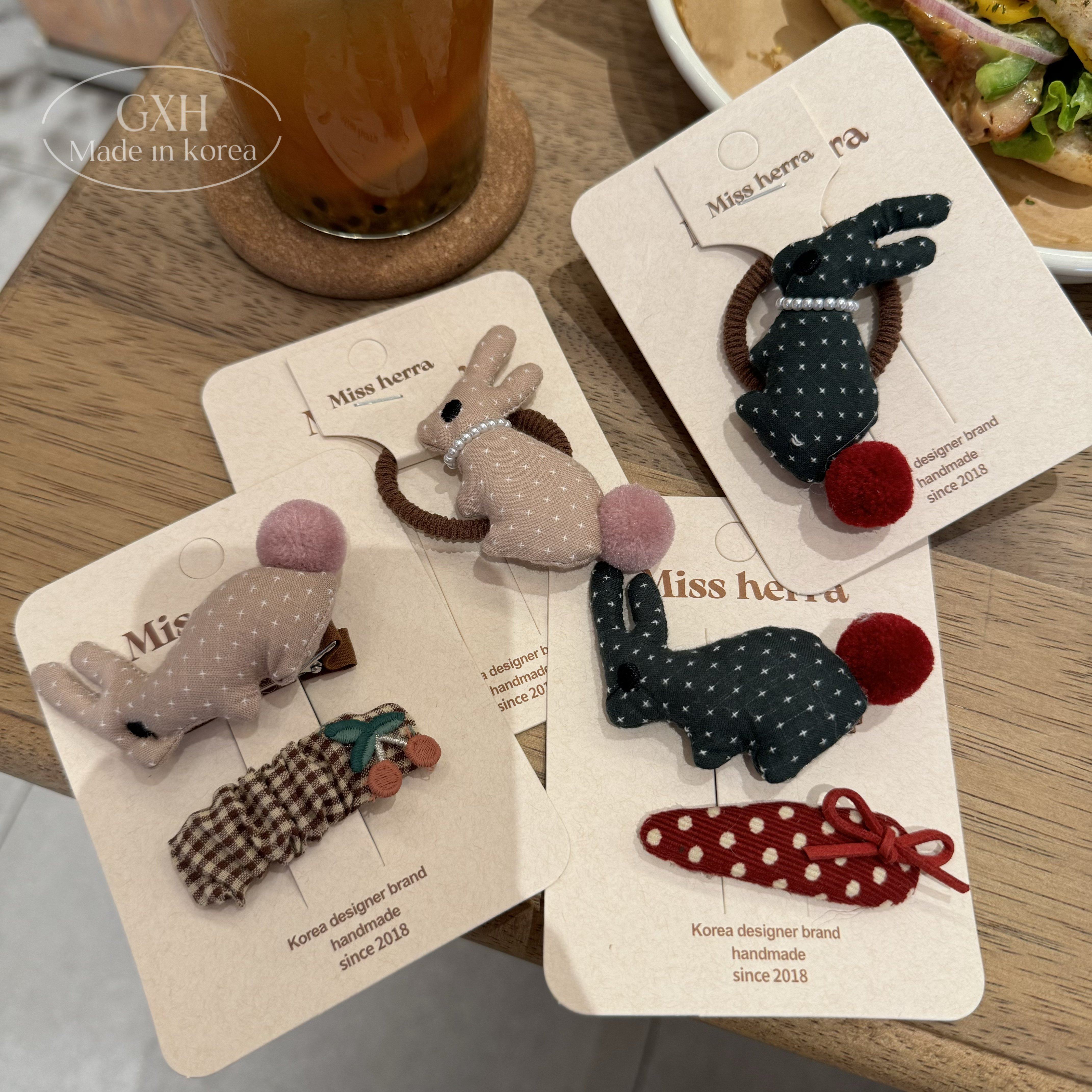 碎花布艺女童发夹塞棉小兔子发圈可爱球球珍珠组合夹波点贴布皮筋