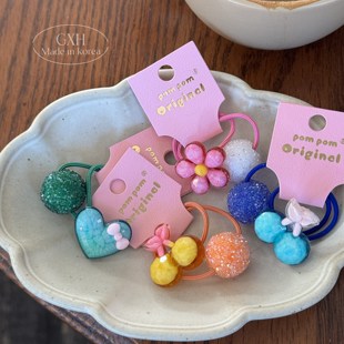 包邮韩国进口POM POM女童砂糖球发绳水果樱桃绕绕绳花朵爱心皮筋