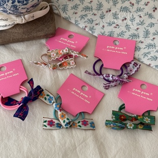 【现货】2025春新款韩国POM POM刺绣花朵小皮筋蝴蝶结款女童发绳