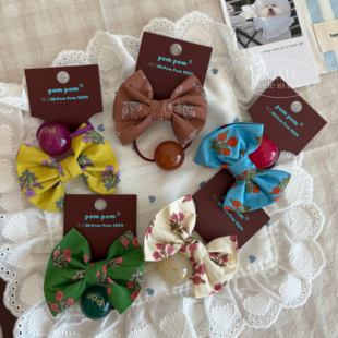 包邮韩国进口POMPOM布艺碎花蝴蝶结球球绕绕发绳甜美早秋女童发饰