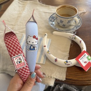 包邮正版三丽鸥KT发箍凯蒂猫红蓝格纹头箍甜美风HelloKitty女发饰