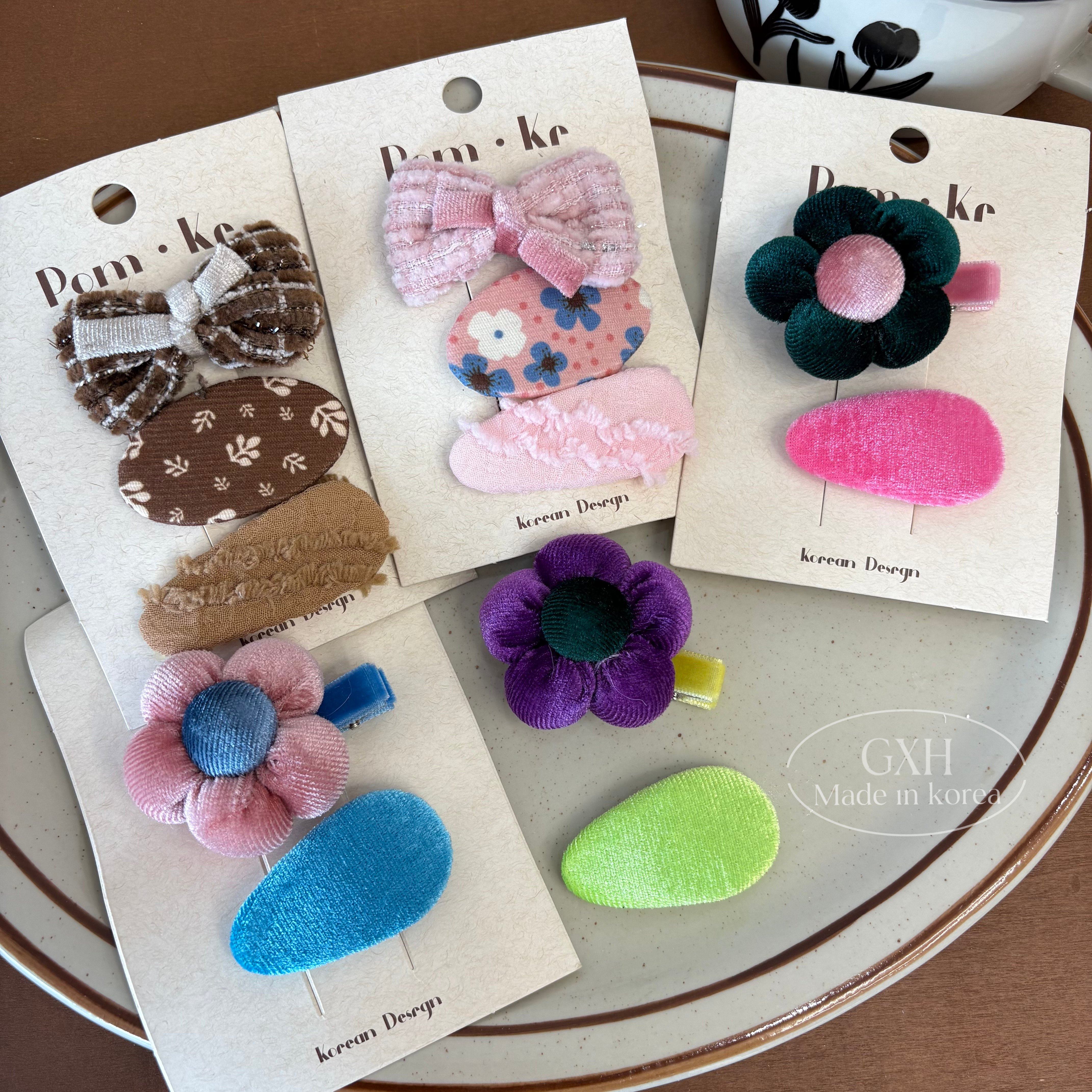 包邮pom.kr丝绒布艺蝴蝶结边夹组合BB夹鸭嘴夹复古刘海夹女童发饰