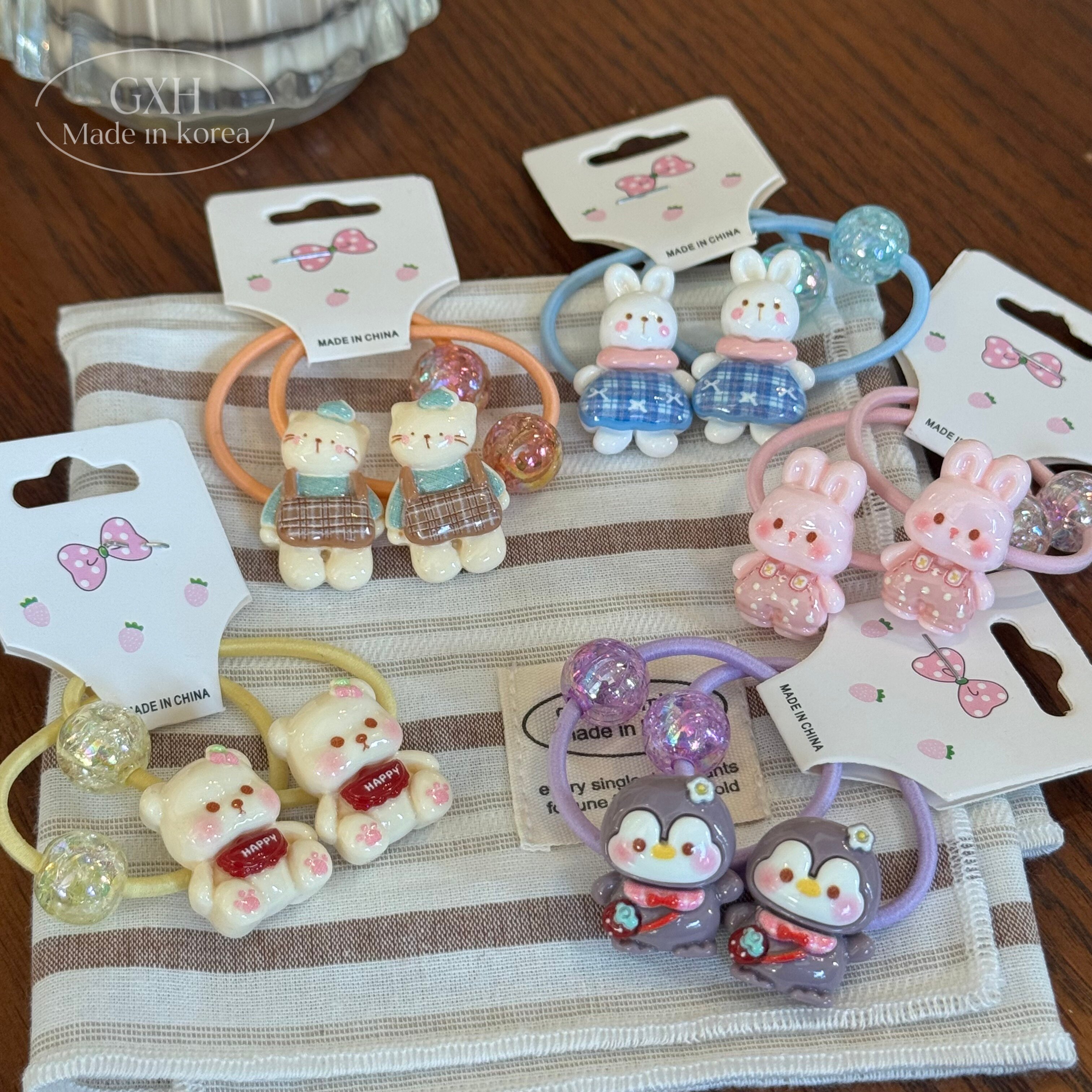 韩系可爱小动物发绳兔兔猫咪小熊狗企鹅镭射小球球小发圈女童发饰