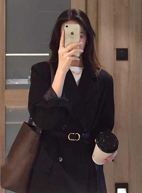 高级感黑色小西装外套女2025春秋新款英伦风系带收腰炸街西服上衣