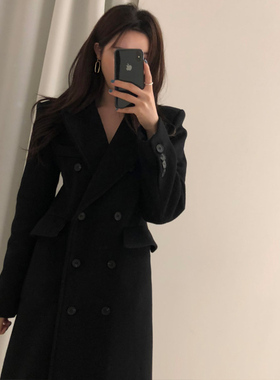2025秋冬新款韩版黑色毛呢外套女收腰显瘦中长款过膝西装呢子大衣