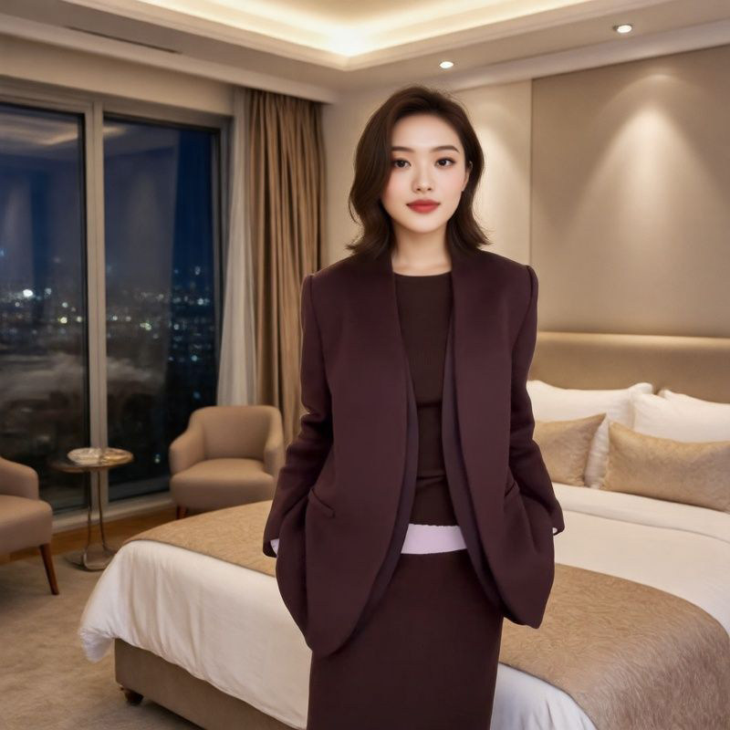 秋冬气质时尚休闲百搭韩版秋冬拼接无领冬款西服毛呢外套裙子套装