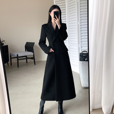 黑色单面呢女2025秋冬新款收腰赫本风毛呢外套中长款过膝大衣加厚