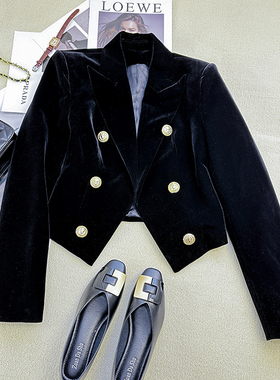2025春季新款金丝绒双排扣显瘦黑色气质百搭时尚短款西装外套女