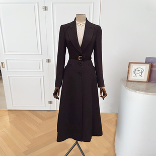 时尚通勤气质长款裙摆西装毛呢外套女系带修身收腰大衣2025秋冬新