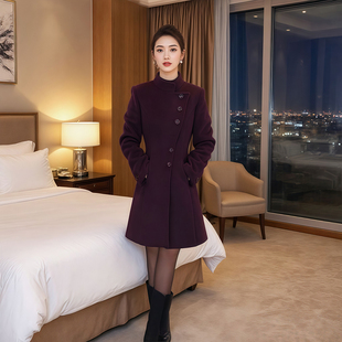 加厚加棉款毛呢外套修身显瘦毛呢大衣秋冬时尚收腰收腰立领冬装