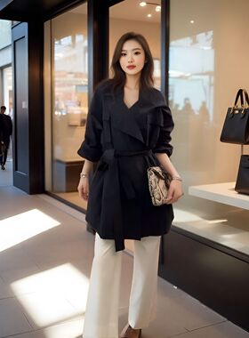 秋季宽松型女中长款风衣洋气收腰女神显瘦气质网红时尚黑色外套