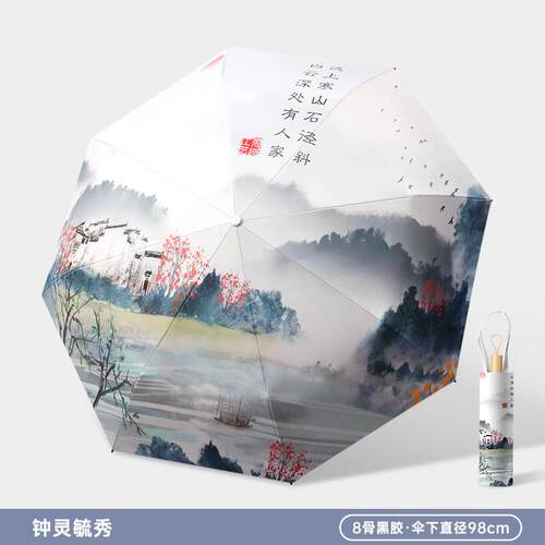 黑胶山水折叠简约晴雨古风大伞