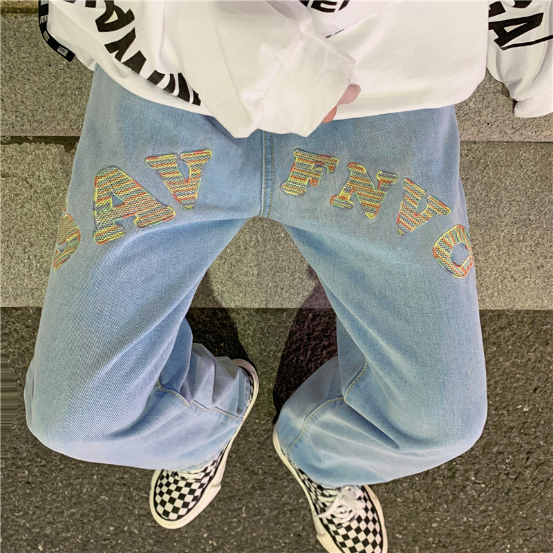 美式街头牛仔裤男春秋宽松直筒长裤hiphop潮牌高街裤子N01824-P45图片