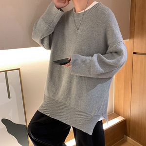 港风纯色开叉毛衣男休闲圆领情侣宽松慵懒风针织衫MY09911-P38图片