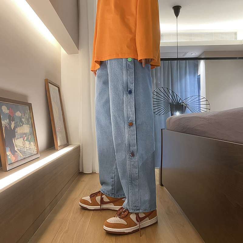 彩色排扣牛仔裤男士直筒宽松夏季老爹长裤子韩版潮流N15-P45，女装牛仔裤，星座308B-1