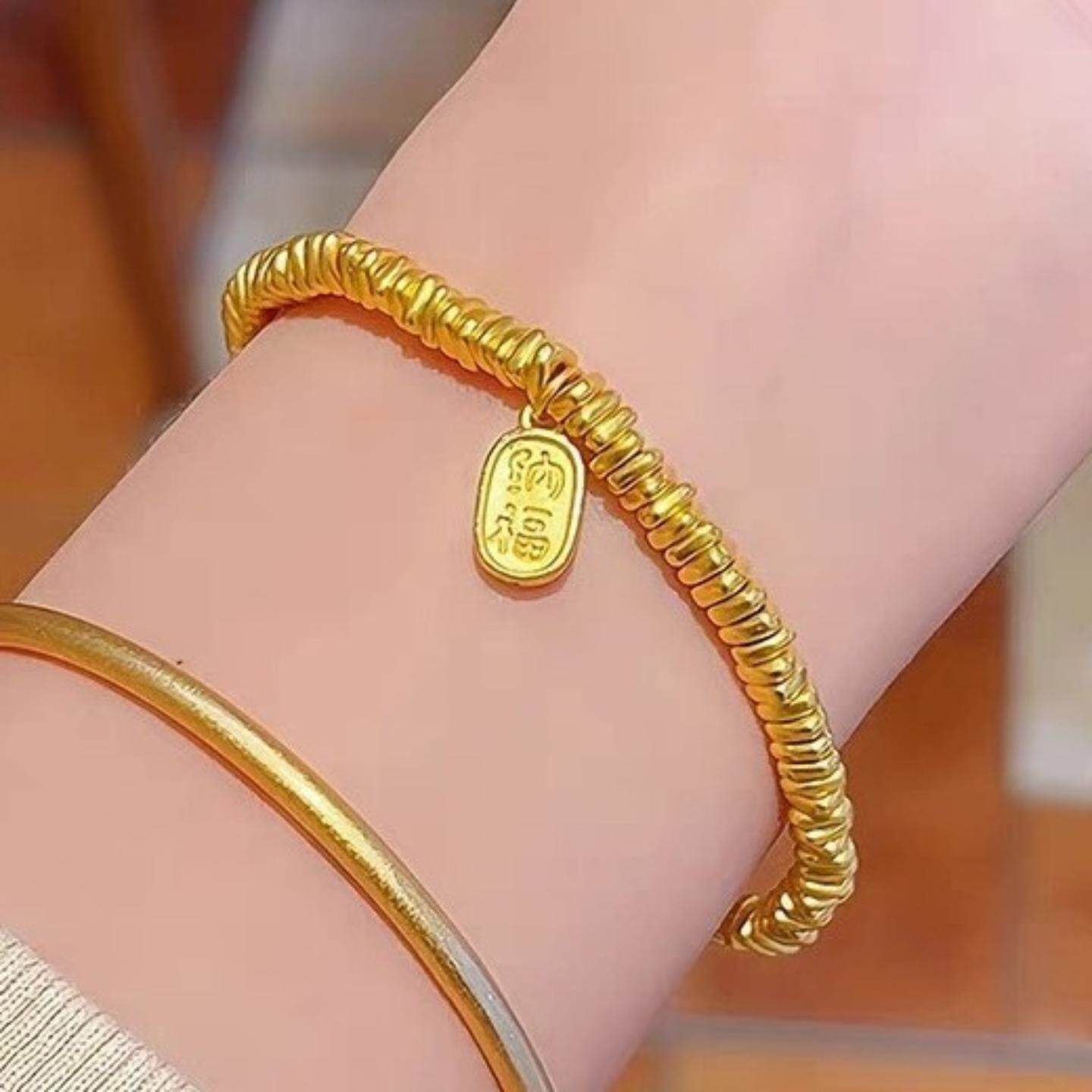 招财碎金盘缠黄金色手串手链女生