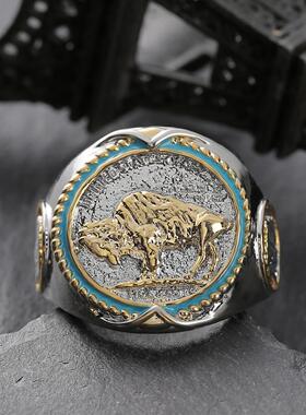 宁语wish纪念布法罗水牛镍币美国西部牛仔维京海盗双色戒指男