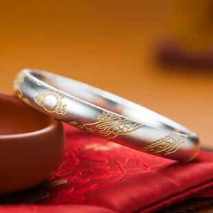 白铜描金龙腾国风生肖古法闭口手镯女镀纯银镯子手饰不掉色手环女