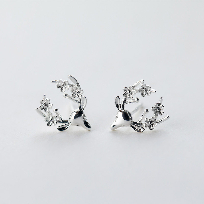 花朵鹿925纯银耳钉淑女仙灵唯美小清新麋鹿头小鹿森女耳环女礼物