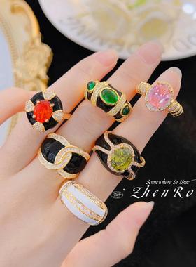 法式复古珐琅彩芬达钻戒指高级感