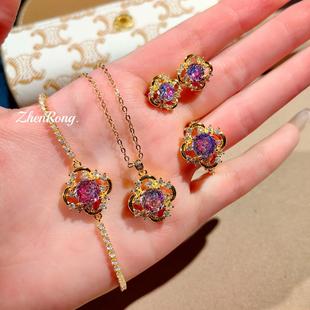 新中式彩宝八角千禧玫瑰切吊坠项链玫红戒指帕拉伊巴耳环粉钻手链