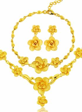 老挝砂金复古花朵镀黄金首饰三件