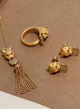 法式复古金钱豹流苏吊坠项链拉丝