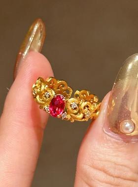 法式复古镂空雕花拉丝红刚玉戒指