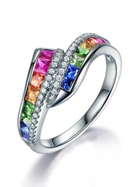 臻荣欧美合成红蓝宝石戒指镀18K