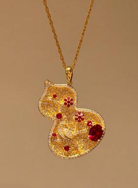 中国风红刚玉花窗福禄吊坠新中式