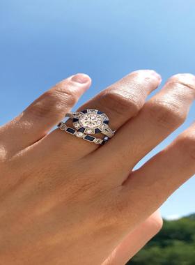 宁语wish新款热卖合成蓝色托帕石方钻套戒 亚马逊欧美女订婚戒指