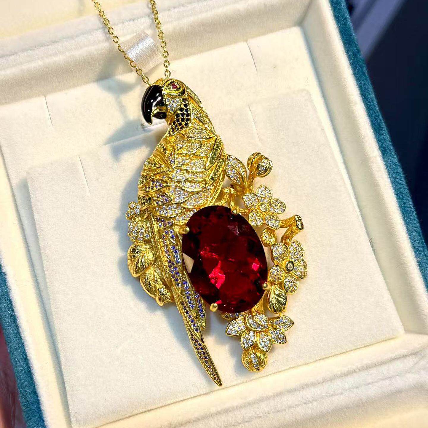 意大利复古鎏金彩钻仿天然紫水晶鹦鹉吊坠胸针两戴小鸟彩宝项链女