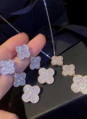 满钻三花四叶项链吊坠长款颈链