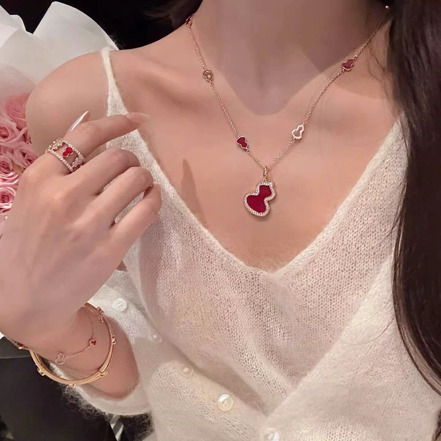 高版本葫芦项链女镀香槟金红玛瑙