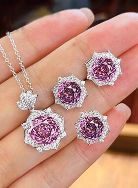 八角千禧玫瑰切粉钻花朵项链吊坠