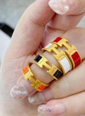 越南沙金镀3D黄金色戒指红色珐琅