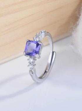 新款公主方钻紫水晶开口戒指小巧
