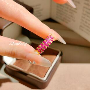 爆闪金色红刚玉满钻围镶条戒T方钻方糖蕾丝璀璨星河戒指半圈排戒