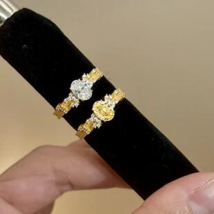 时尚轻奢冰花切鸽子蛋戒指简约通勤爆闪高碳钻小中古镀黄金钻戒女